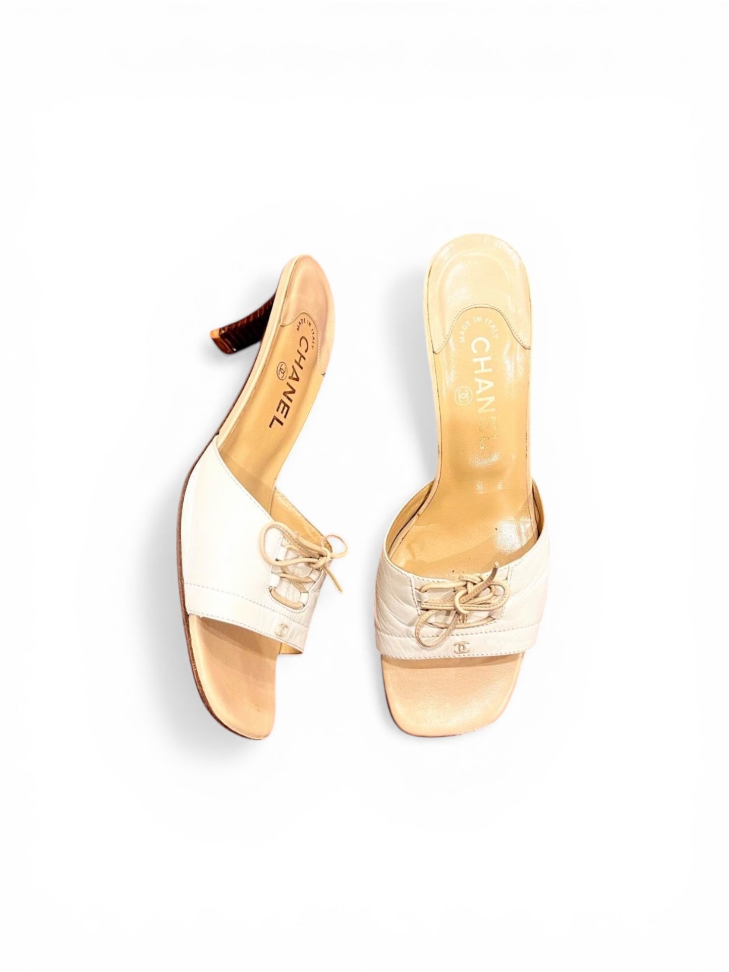 Chanel Beige Leather Kitten Heel Sandals w/ CC Detail