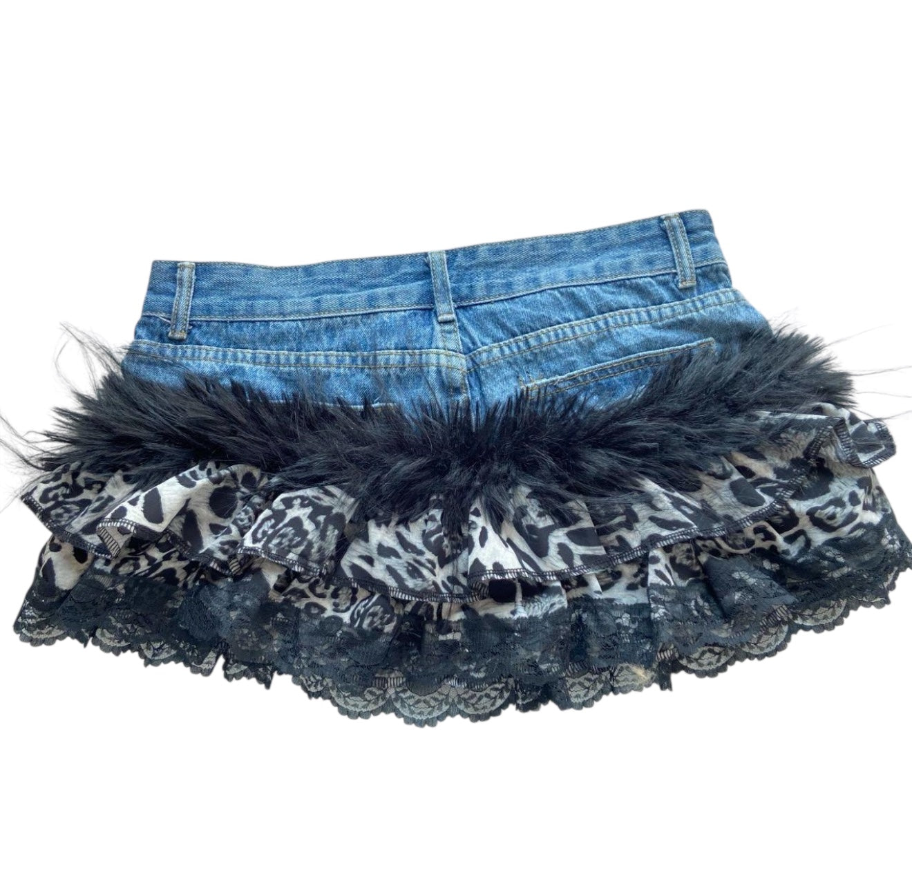 Gothic Denim Feather Lace Mini Skirt
