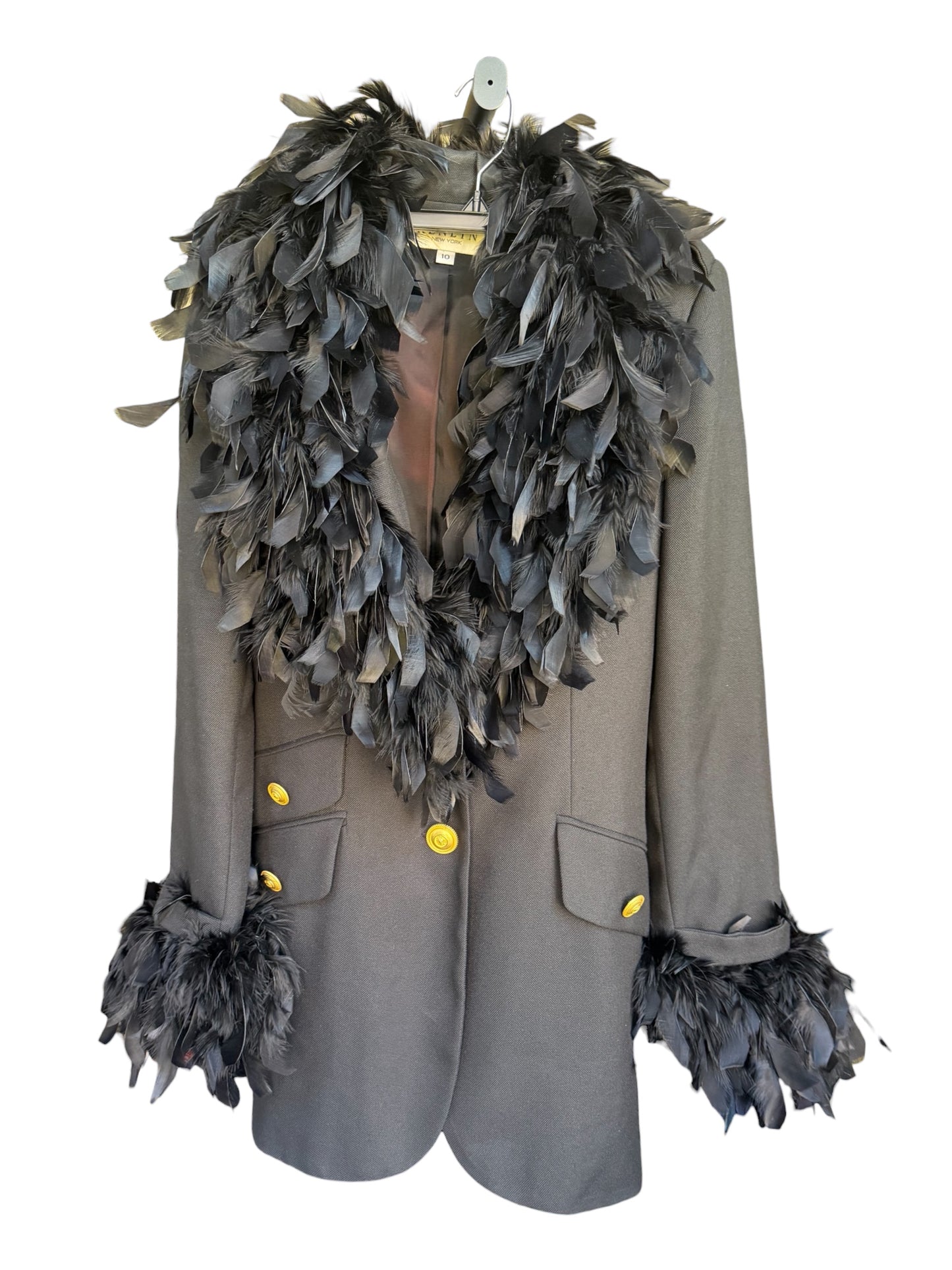 Vintage Feather Trim Military Blazer w/ Gold Buttons