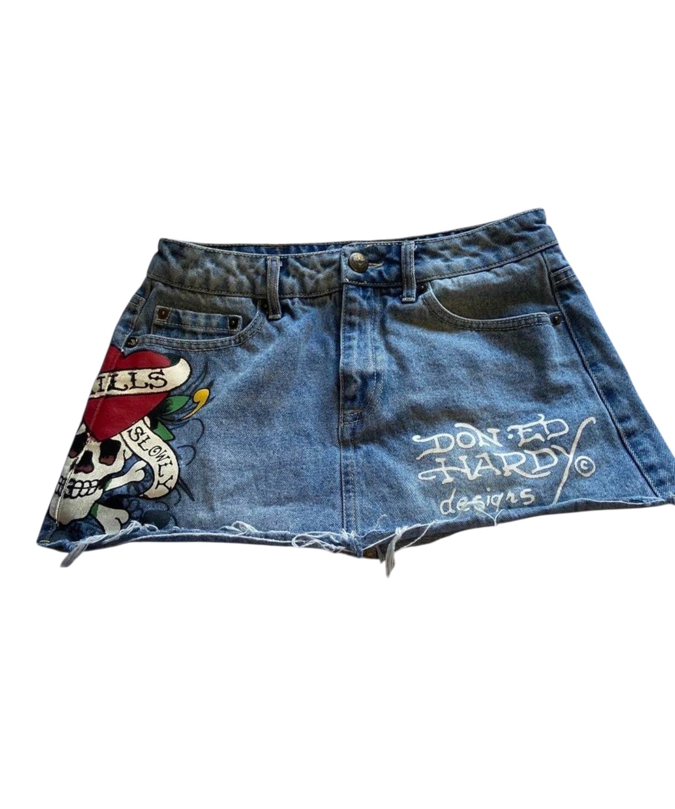 Y2K Ed Hardy Skull Heart Tattoo Denim Mini Skirt
