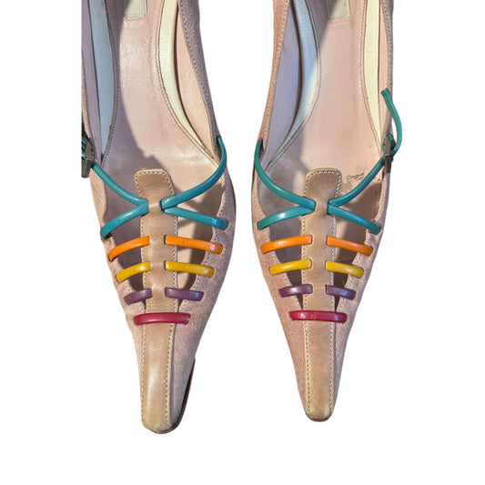 Vintage Prada Rainbow Lace Suede Pointed Slingback Heels