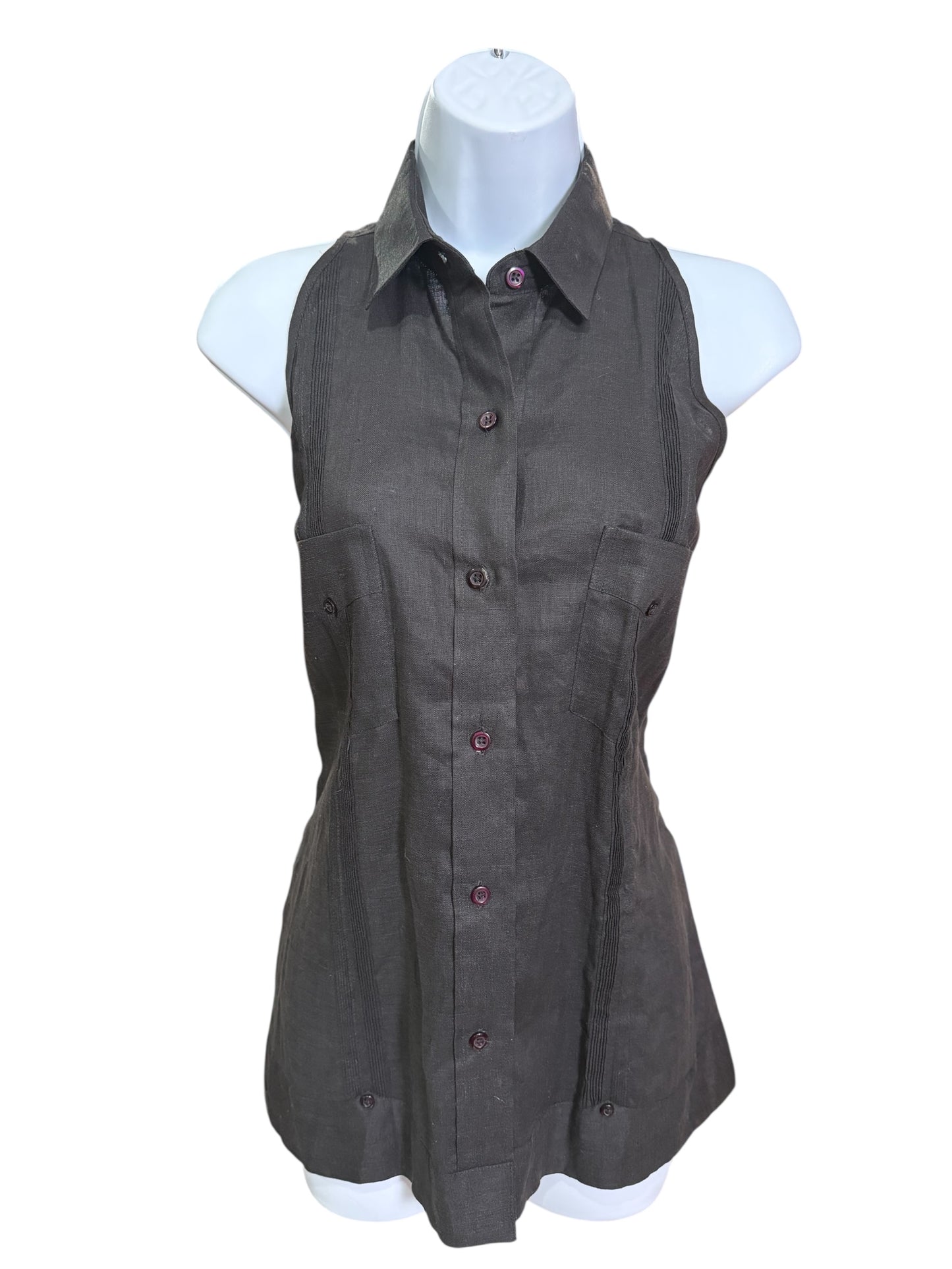 Ana Brisa Corona Black Linen Sleeveless Button Up