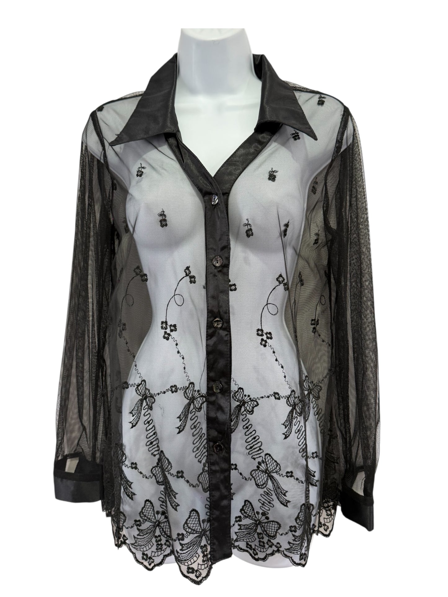 Vintage Effeci Sheer Mesh Embroidered Button-Up Blouse