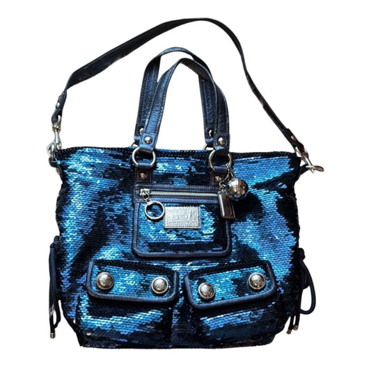 Rare Coach Poppy Blue Sequin Glam Cargo Tote Shoulder Bag
