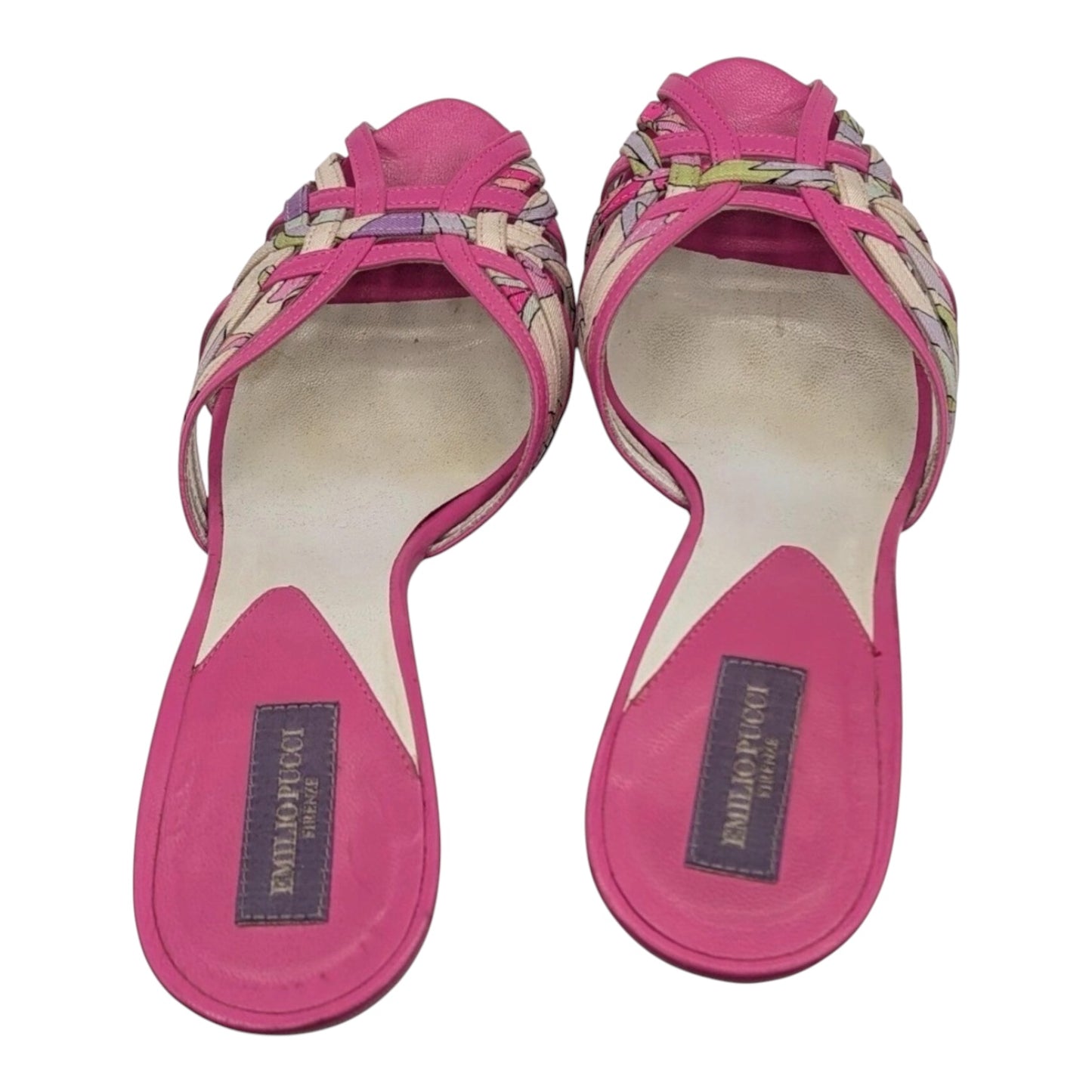 Emilio Pucci Pink Leather Print Kitten Heel Mules