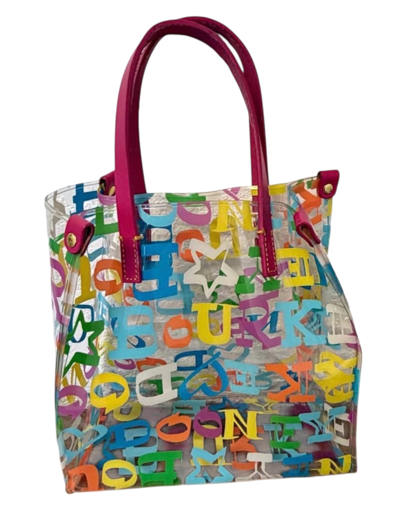 Dooney & Bourke Multicolor Logo Clear Tote Bag w/ Pink Leather Handles