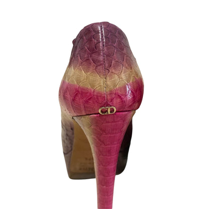 Christian Dior Pink Snakeskin-Pattern Peep-Toe Platform Pumps