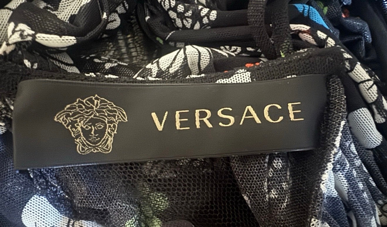 Versace Runway One Shoulder Draped Floral Mesh Dress – Made in Italy