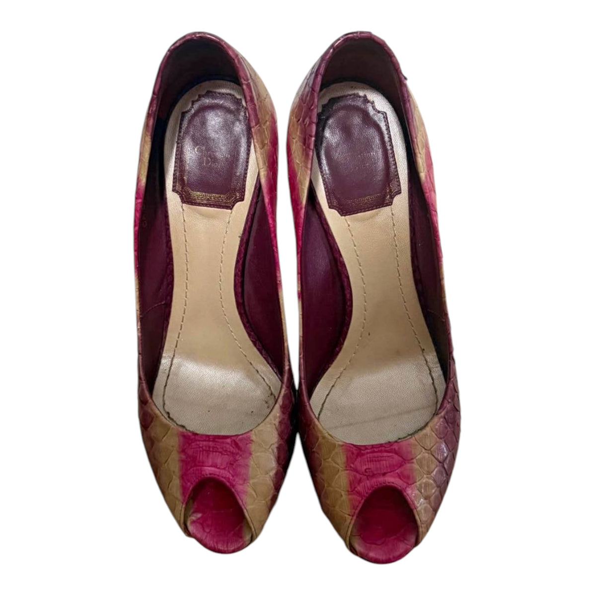 Christian Dior Pink Snakeskin-Pattern Peep-Toe Platform Pumps