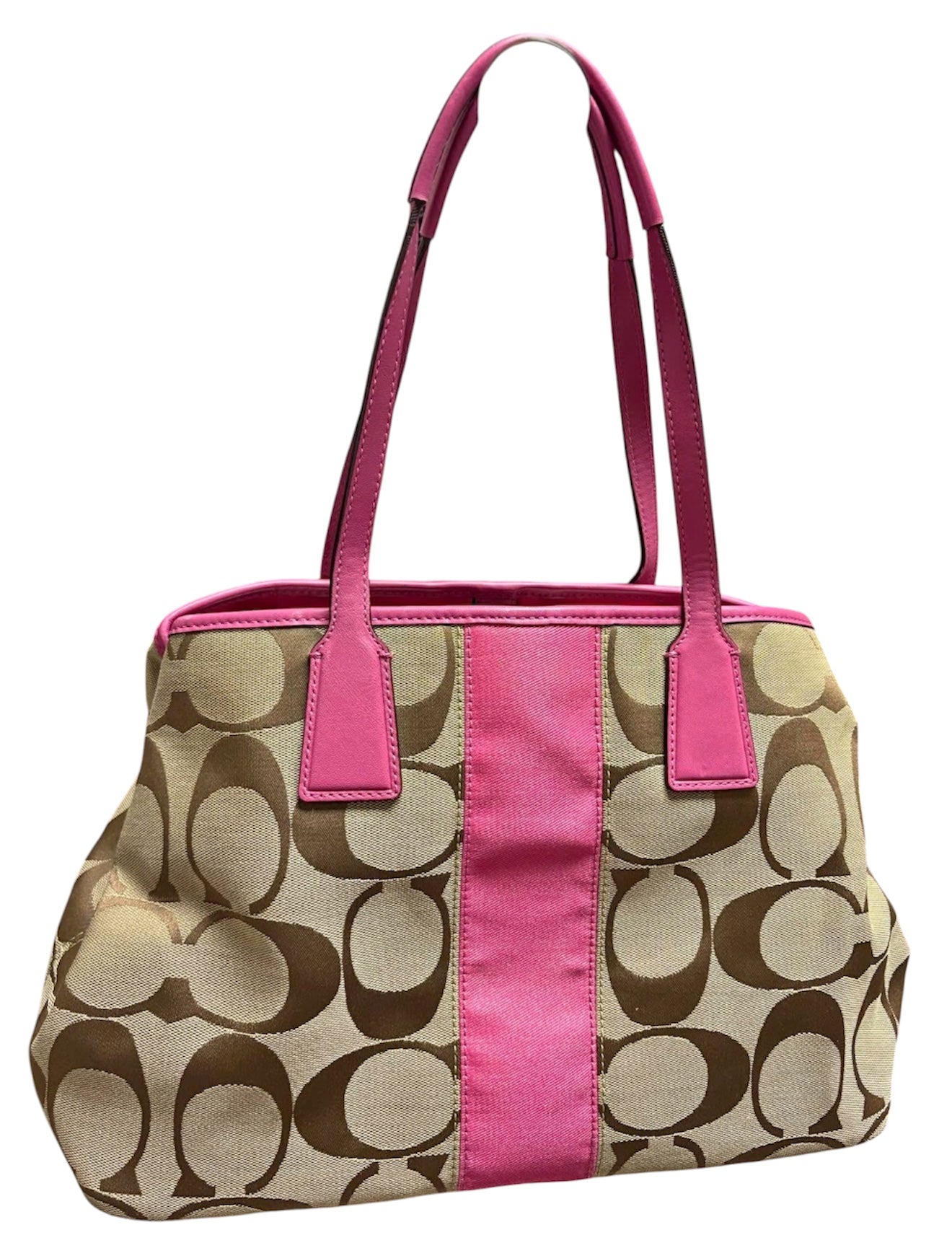 Coach Signature Stripe Tote – Pink & Khaki Canvas