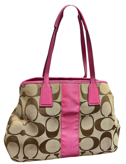Coach Signature Stripe Tote – Pink & Khaki Canvas