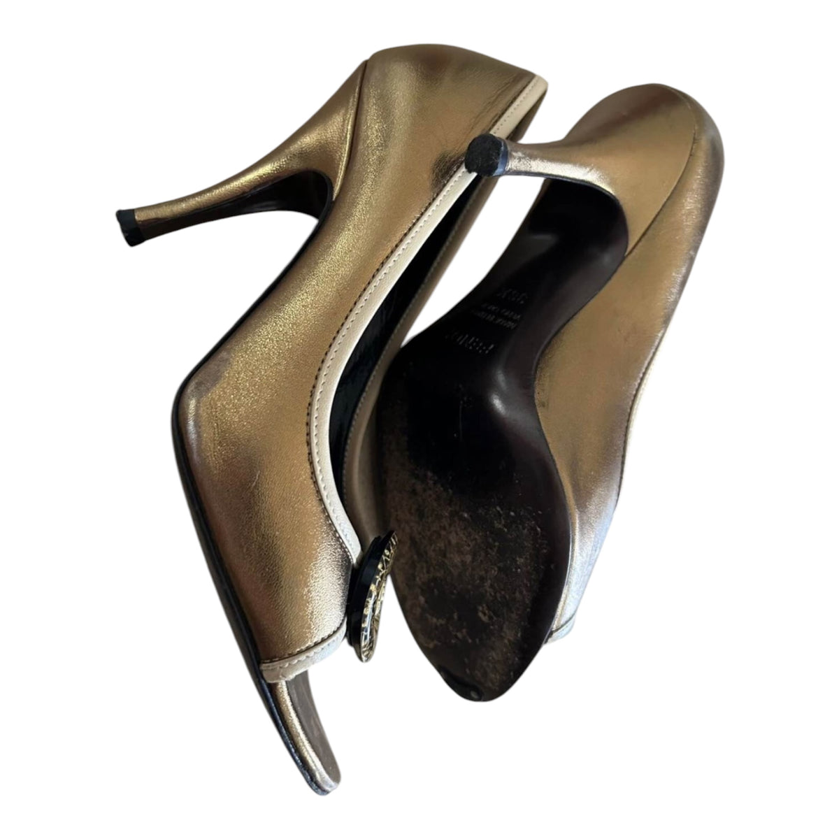 Fendi Metallic Gold Medallion Peep-Toe Pumps