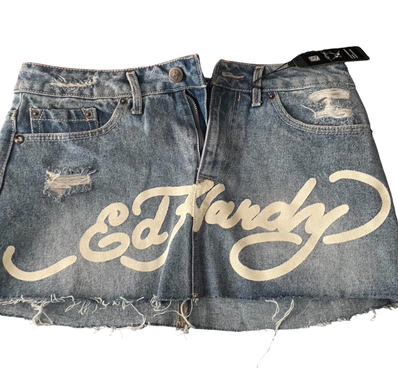Ed Hardy Tattoo Denim Mini Skirt (Dragon / Koi Graphic)