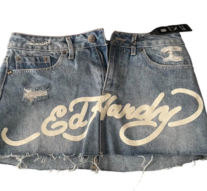Ed Hardy Tattoo Denim Mini Skirt (Dragon / Koi Graphic)