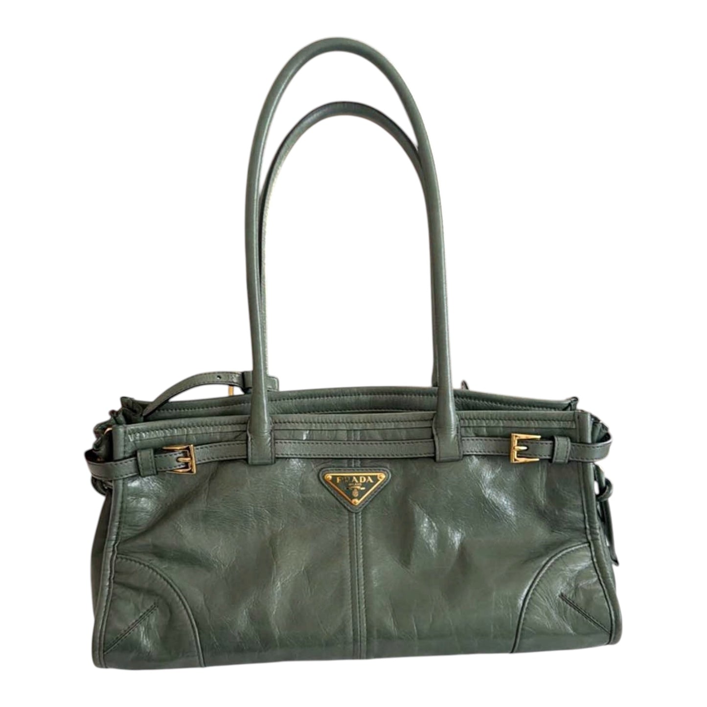 Prada Olive Green Leather Shoulder Tote