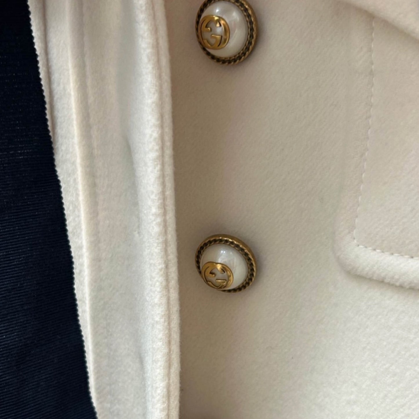 Gucci Vintage White Wool Web Stripe Military Coat with Navy Bow