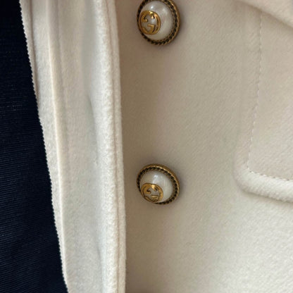 Gucci Vintage White Wool Web Stripe Military Coat with Navy Bow