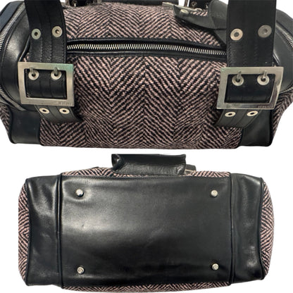 Versace Black Leather & Pink Herringbone Barrel Bag