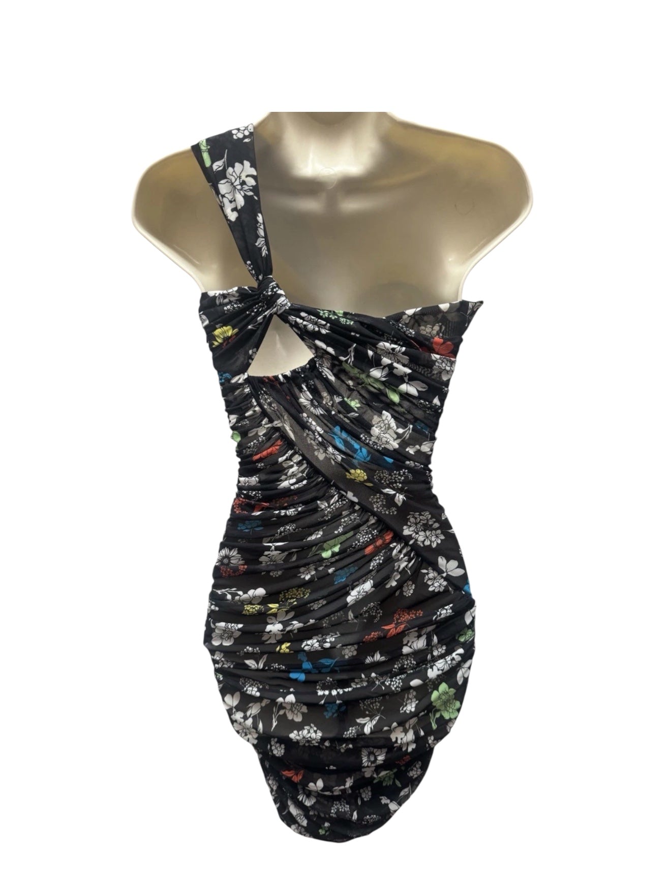 Versace Runway One Shoulder Draped Floral Mesh Dress – Made in Italy