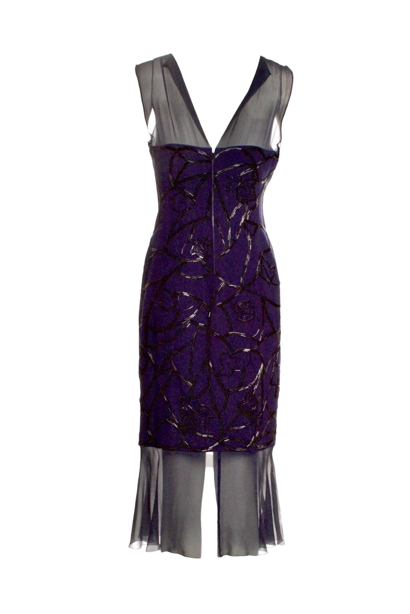 Vintage Chanel 1997 Beaded Midi Dress – Sheer Silk Overlay Purple Black