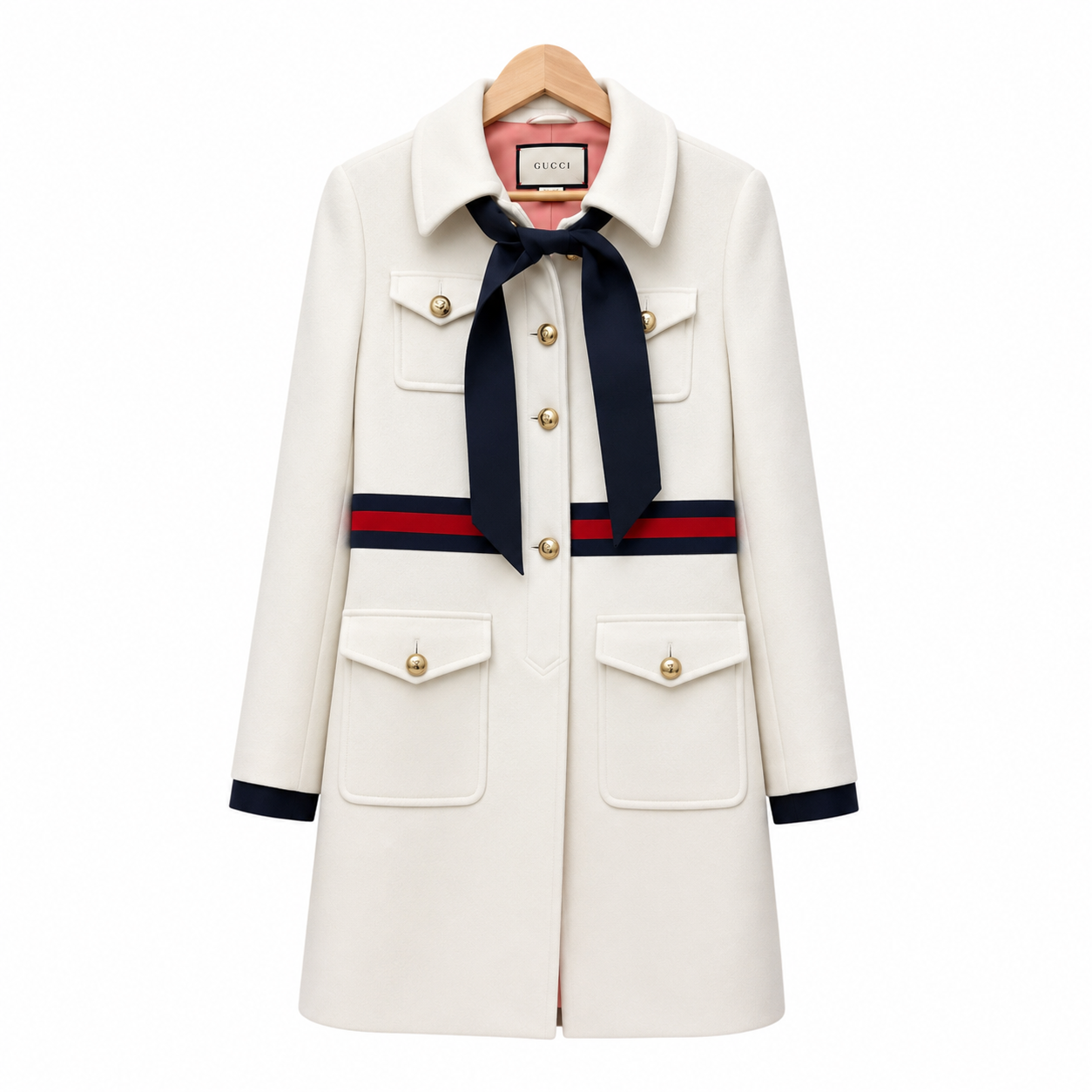 Gucci Vintage White Wool Web Stripe Military Coat with Navy Bow