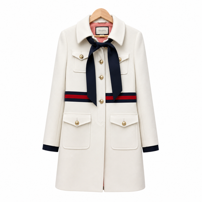 Gucci Vintage White Wool Web Stripe Military Coat with Navy Bow