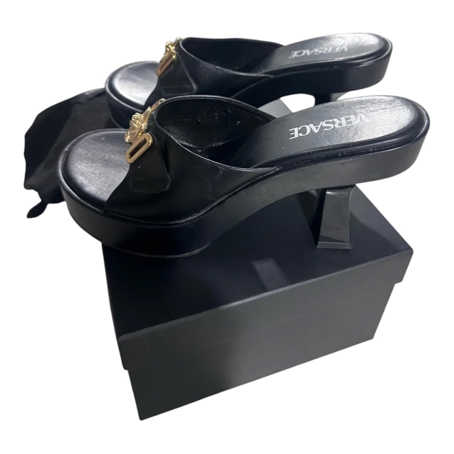 Versace Black Leather Medusa Platform Mules