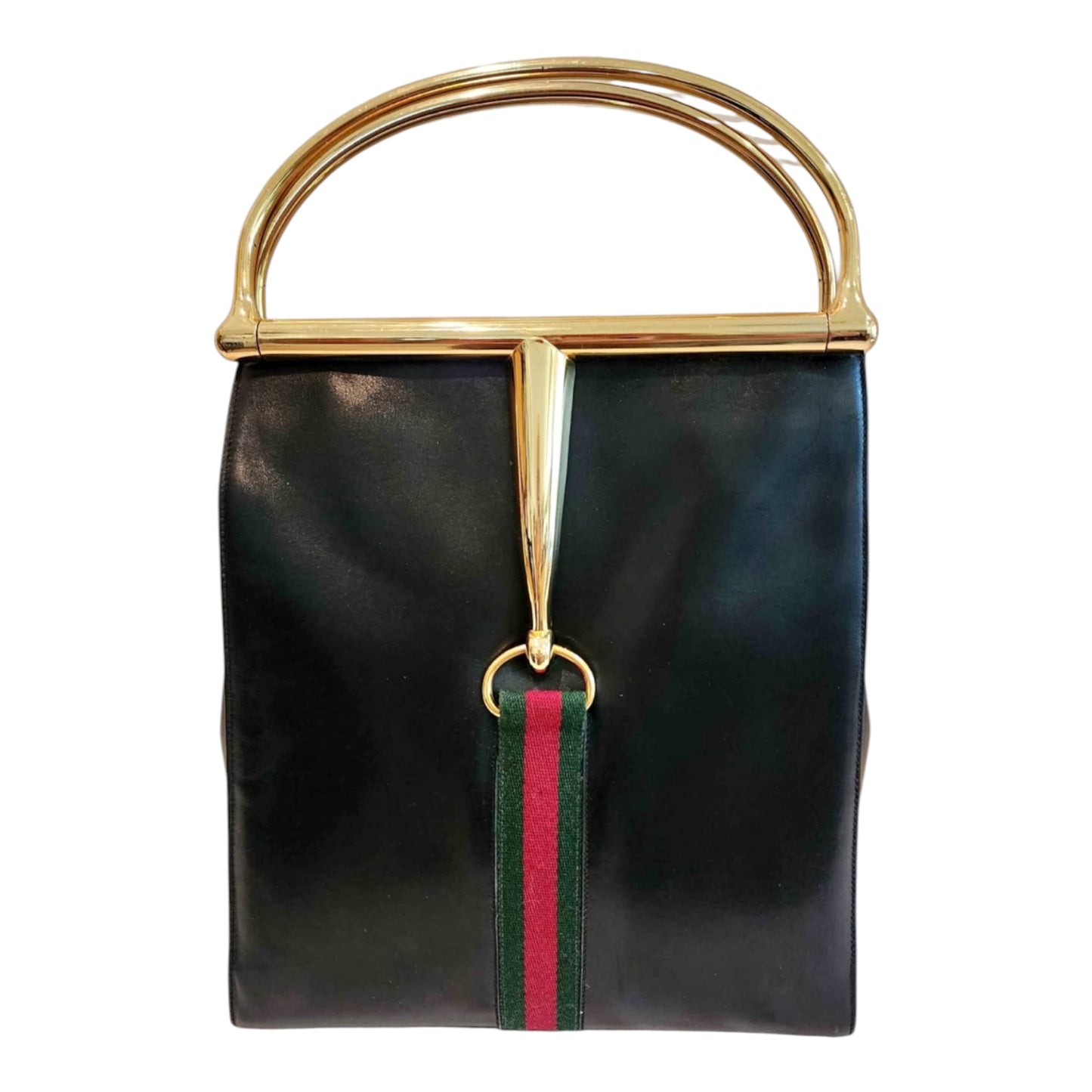 Gucci Snaggle Horsebit Top Handle Leather Bag – Black & Gold Web Stripe Rare 1985