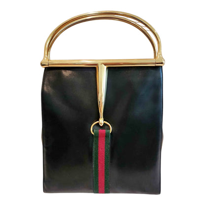 Gucci Snaggle Horsebit Top Handle Leather Bag – Black & Gold Web Stripe Rare 1985
