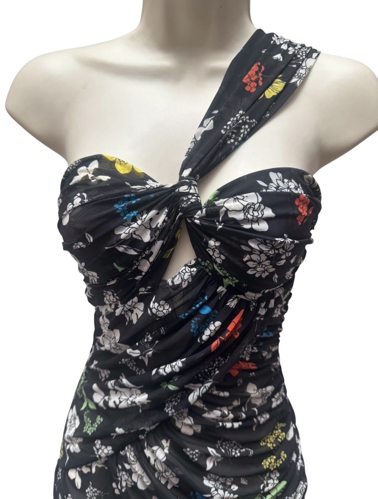 Versace Runway One Shoulder Draped Floral Mesh Dress – Made in Italy