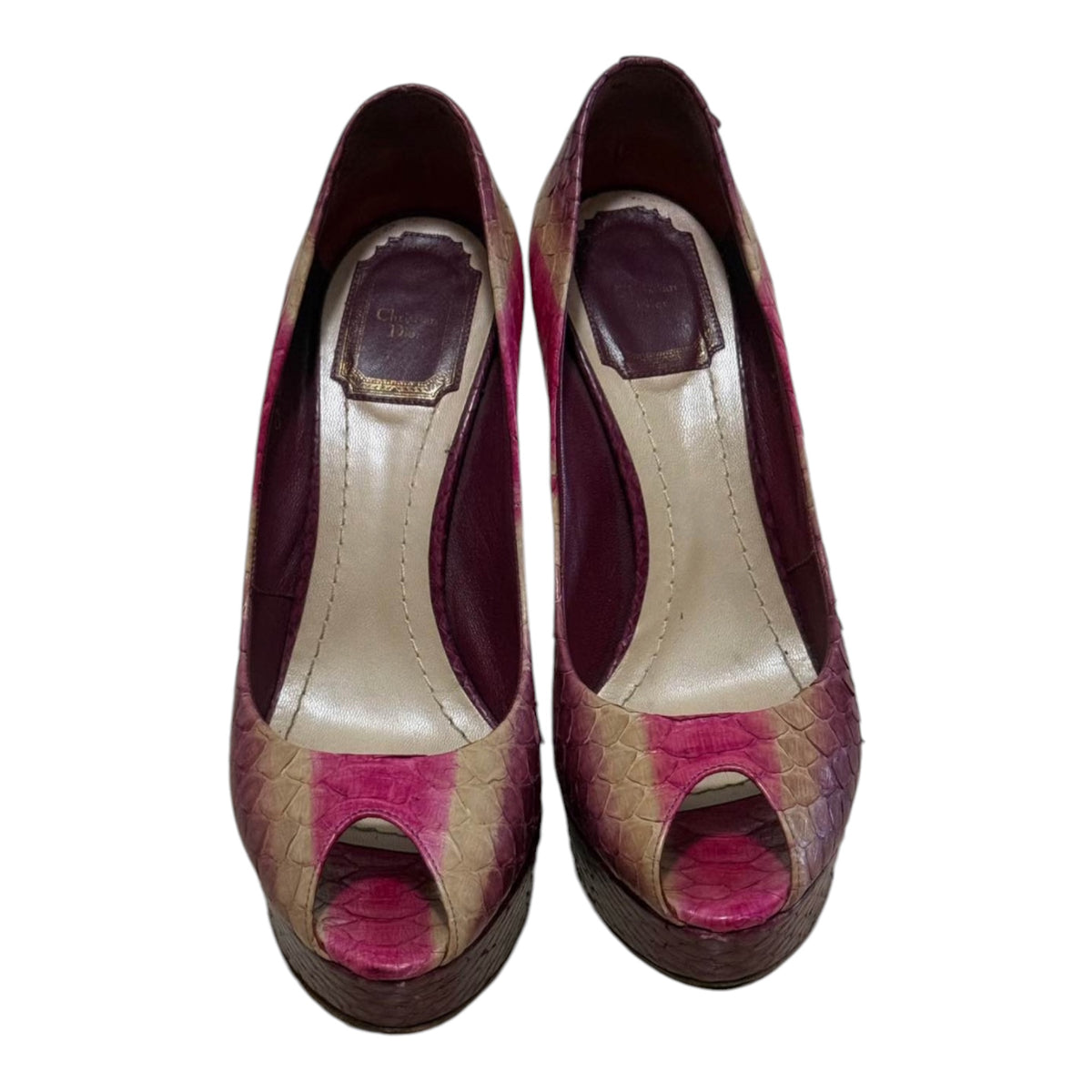 Christian Dior Pink Snakeskin-Pattern Peep-Toe Platform Pumps
