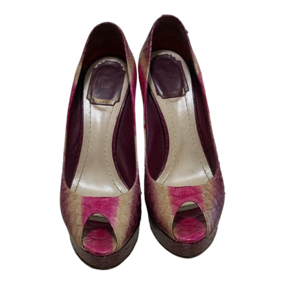 Christian Dior Pink Snakeskin-Pattern Peep-Toe Platform Pumps