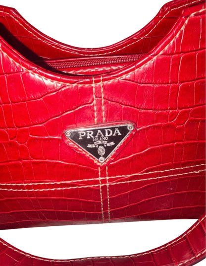 Prada Milano Croc Embossed Leather Shoulder Bag