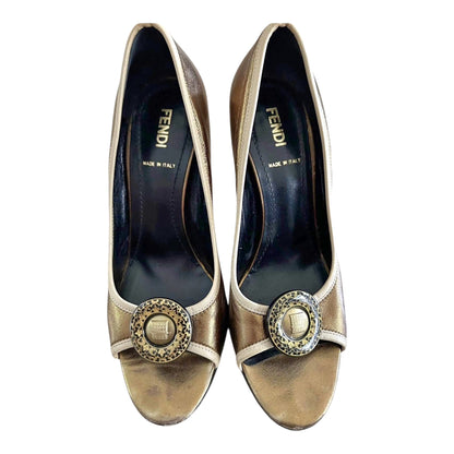 Fendi Metallic Gold Medallion Peep-Toe Pumps
