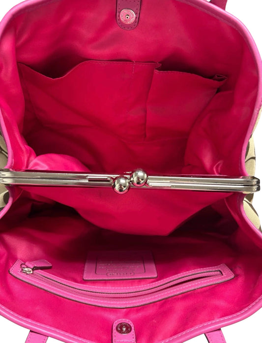 Coach Signature Stripe Tote – Pink & Khaki Canvas