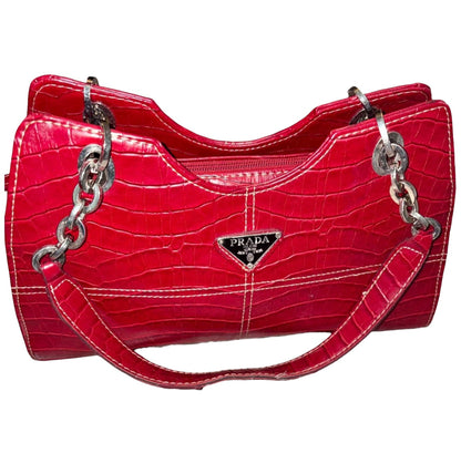 Prada Milano Croc Embossed Leather Shoulder Bag
