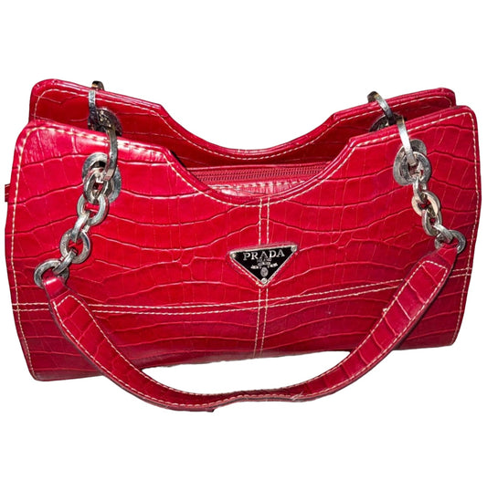 Prada Milano Croc Embossed Leather Shoulder Bag