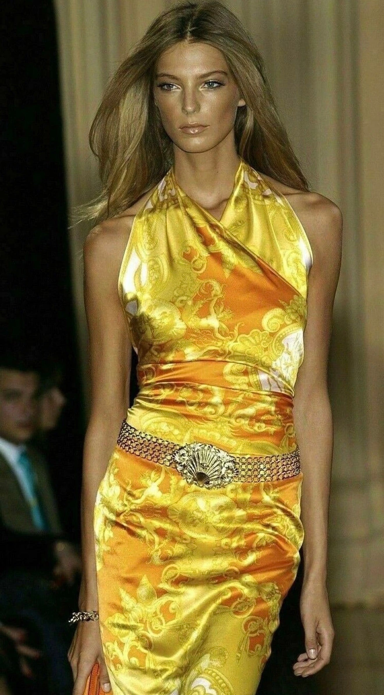 Vintage Versace Baroque Silk Halter Dress – Runway Inspired Gold & Orange