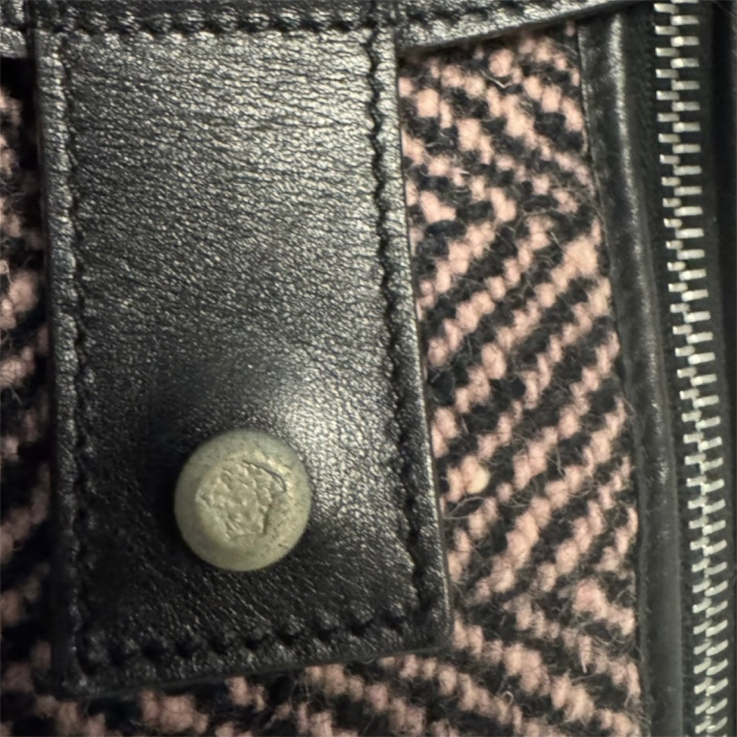 Versace Black Leather & Pink Herringbone Barrel Bag