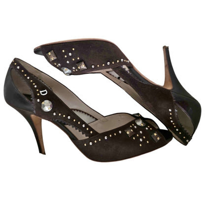 Dior Brown Satin Crystal-Embellished Cutout Pumps