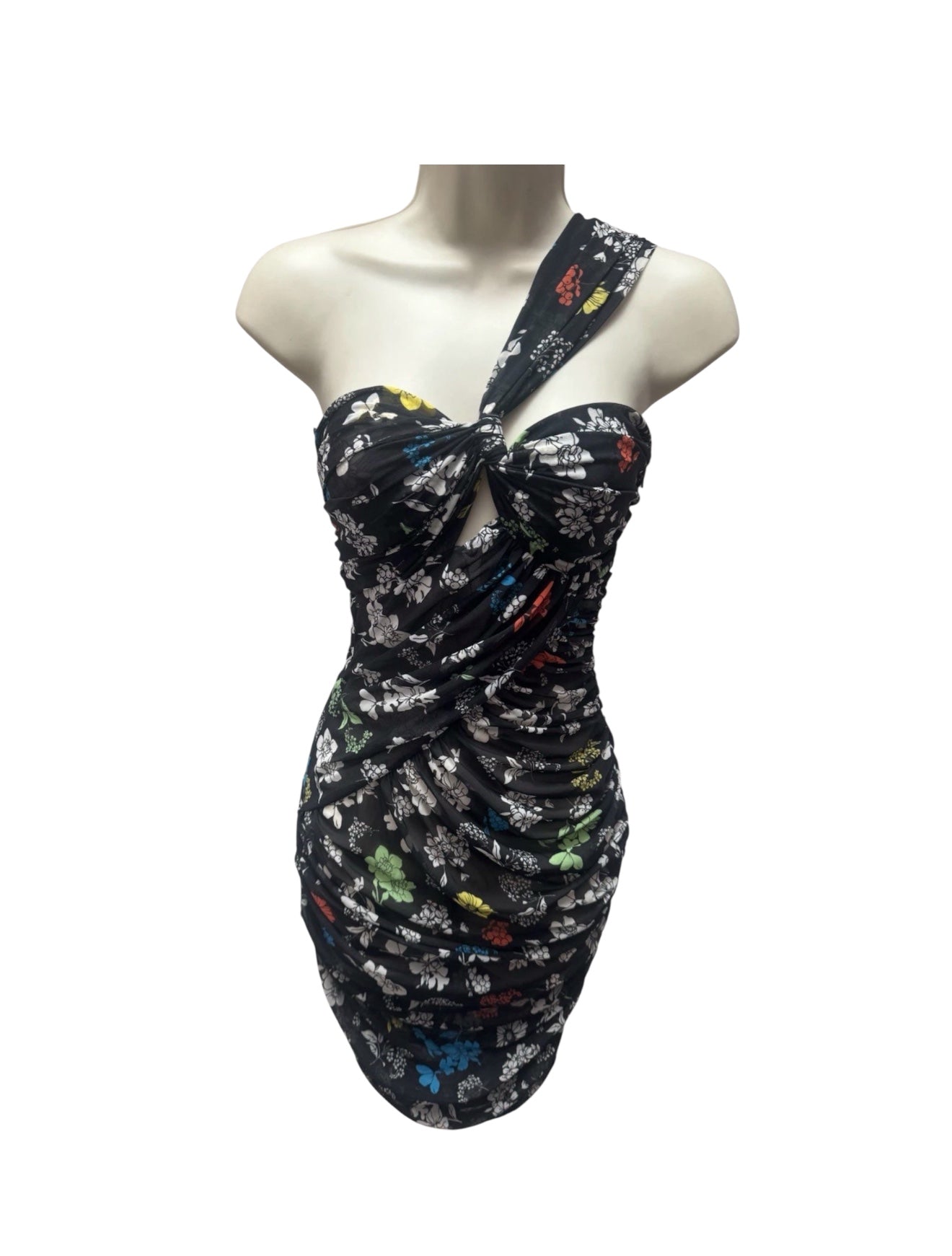 Versace Runway One Shoulder Draped Floral Mesh Dress – Made in Italy