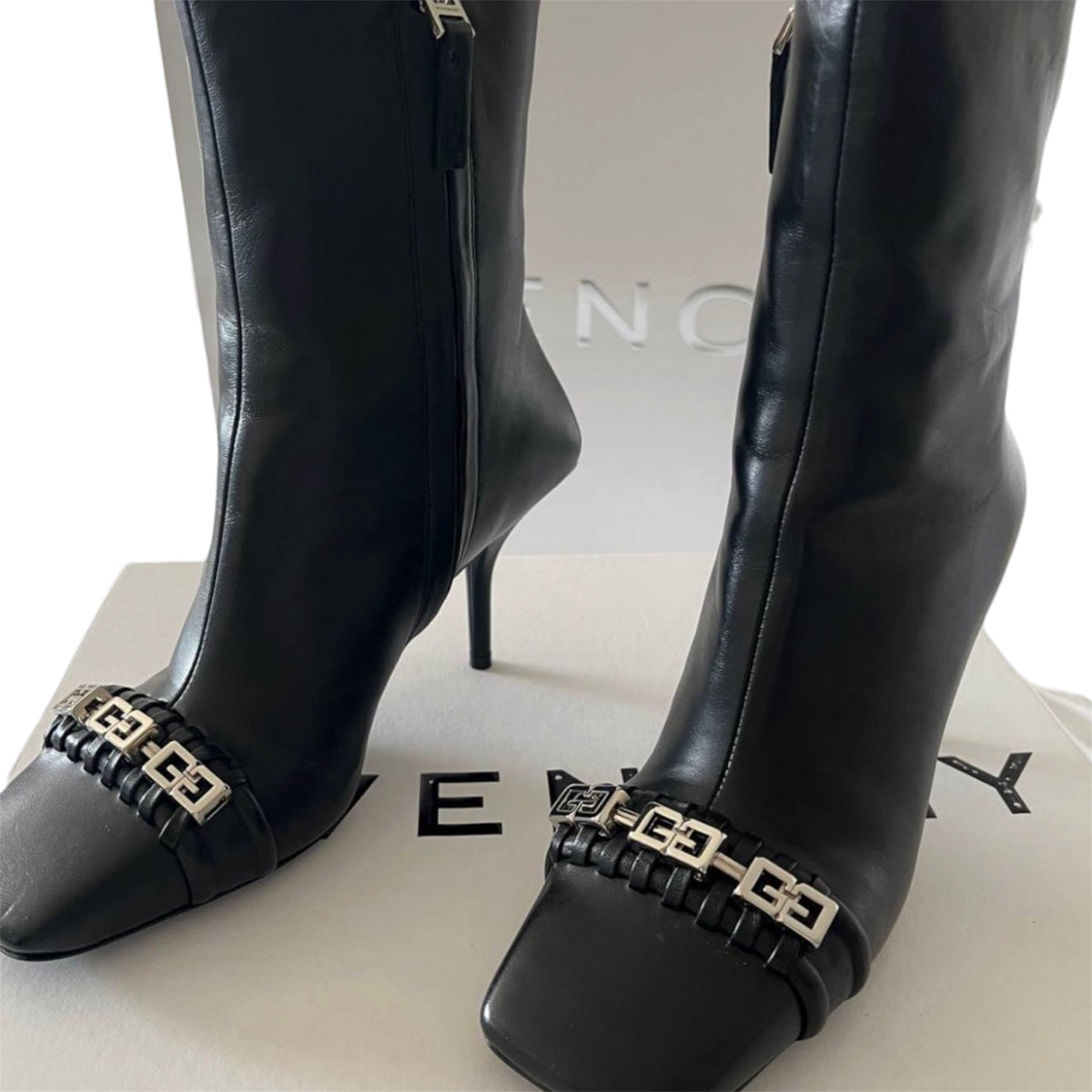 Givenchy Black Leather Logo Hardware Stiletto Boots