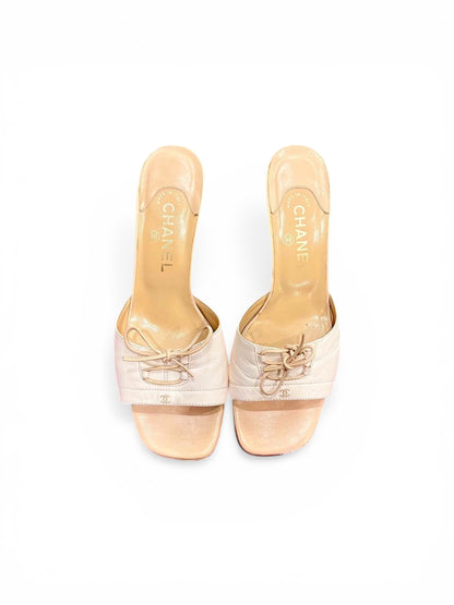 Chanel Beige Leather Kitten Heel Sandals w/ CC Detail