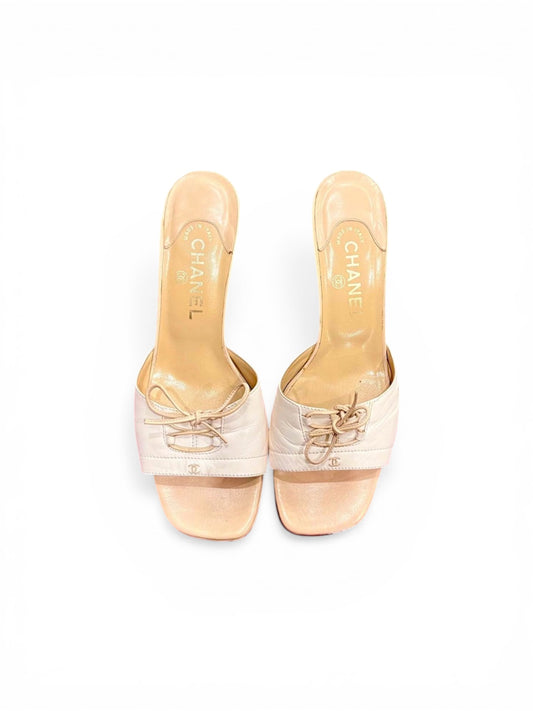 Chanel Beige Leather Kitten Heel Sandals w/ CC Detail