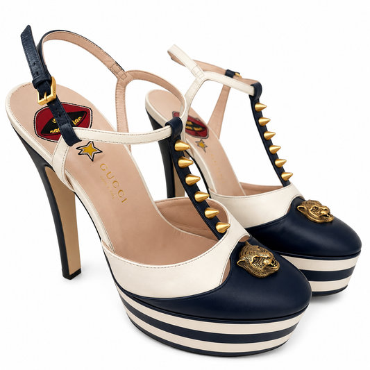Gucci Charlotte Nappa Platform Slingback Heels – White & Navy Tiger Head