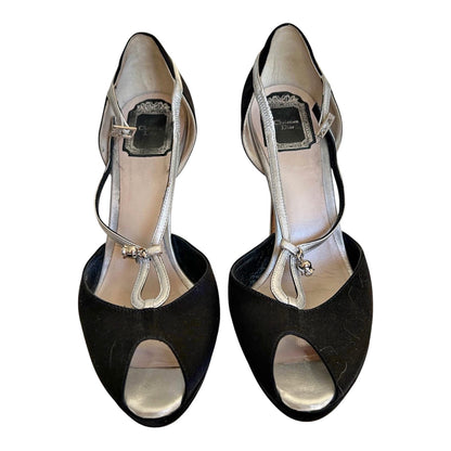 Vintage Christian Dior Black Satin T-Strap Peep-Toe Heels