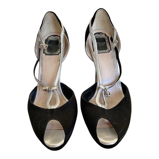 Vintage Christian Dior Black Satin T-Strap Peep-Toe Heels