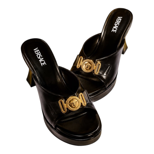 Versace Black Leather Medusa Platform Mules