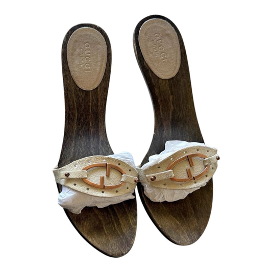 Vintage Gucci Tom Ford Era GG Suede Wooden Heel Sandals