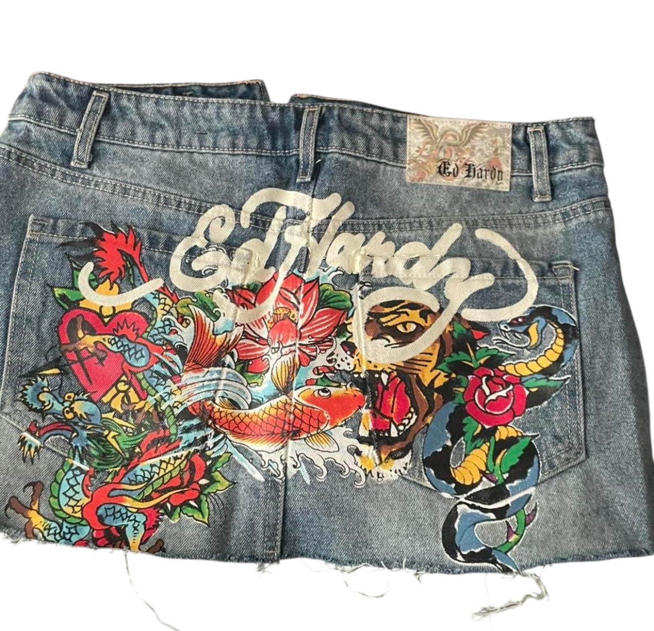 Ed Hardy Tattoo Denim Mini Skirt (Dragon / Koi Graphic)